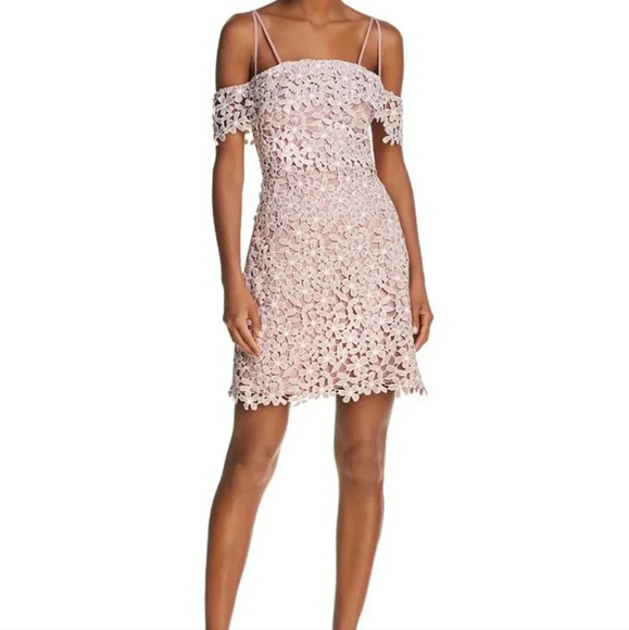 French Connection Floral eyelet Lace Overlay mini Dress Pink Size 6 off shoulder - Picture 1 of 16
